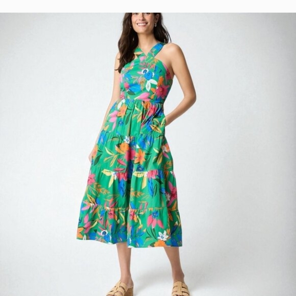 J. Crew Printed Tropical Floral Vacay tiered halter midi dress  00 2 6 CK715